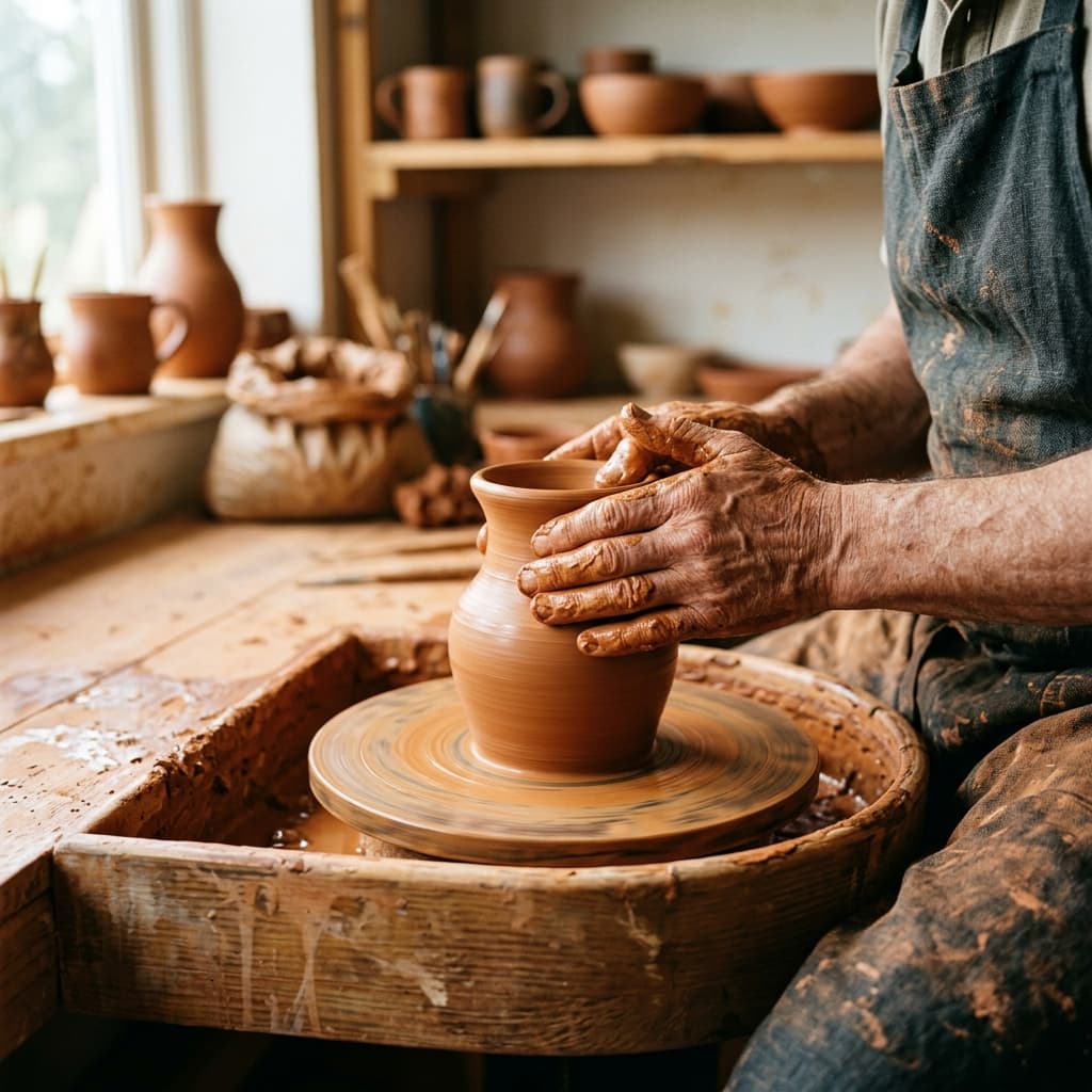 Artisan hands shaping a terracotta pot